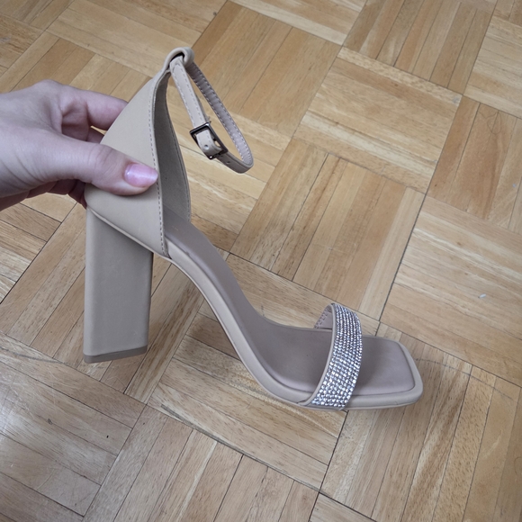 Call It Spring Nude Block Heels with Rhinestone Strap - Picture 3 of 5